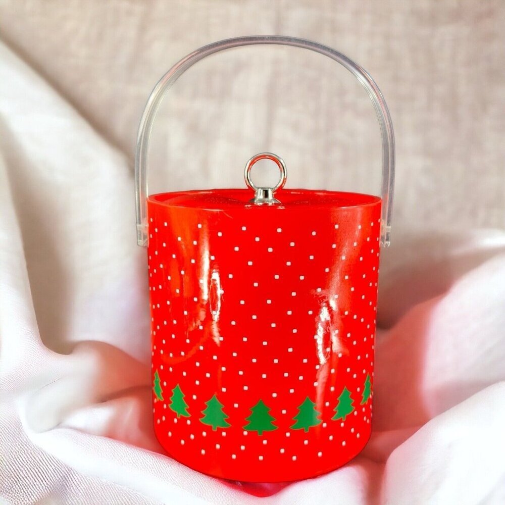 1980s Libbey Winterland Retro Bright Red Holiday Ice Bucket Vintage W Lid Decor